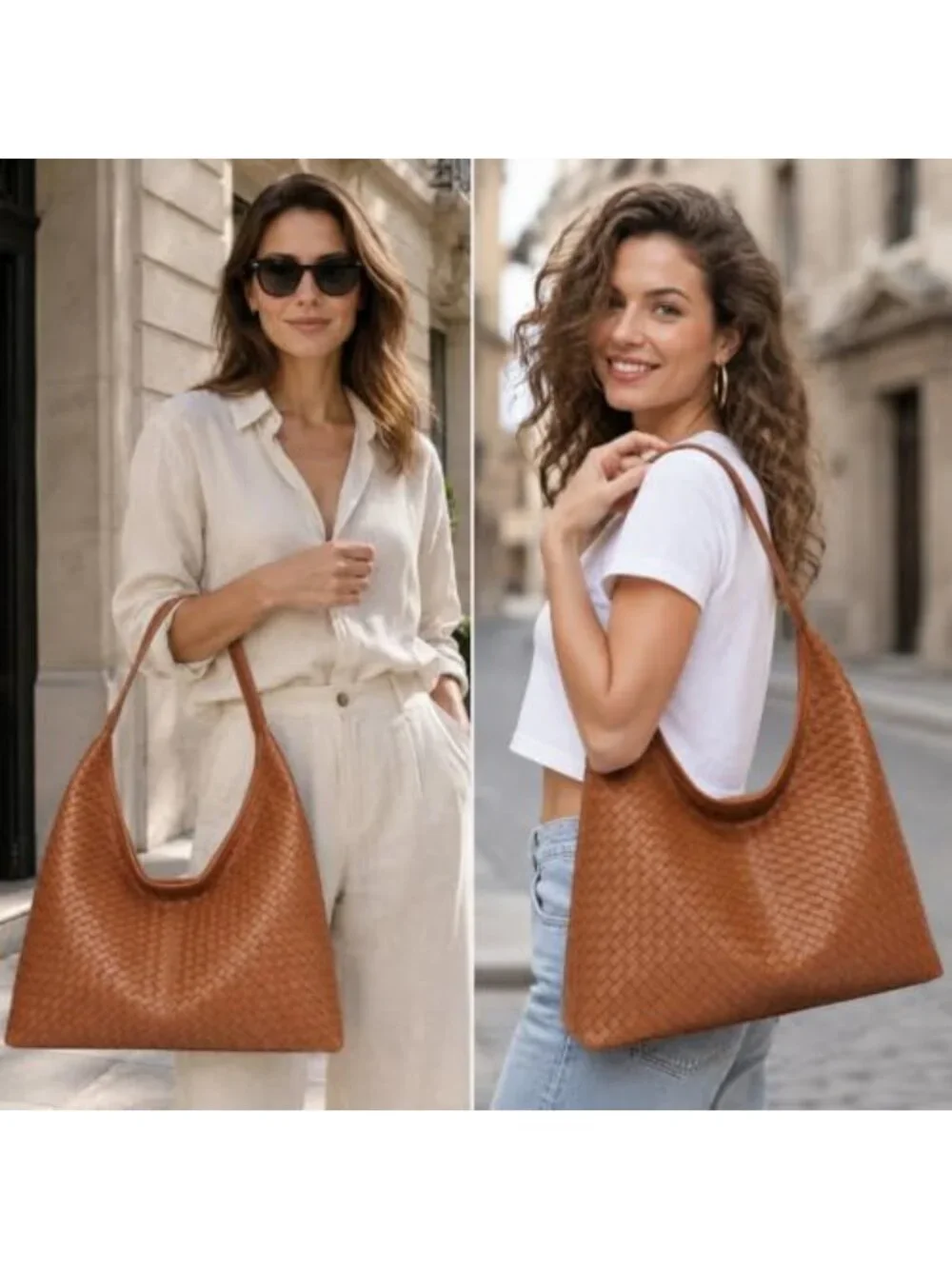 Large Slouchy Vegan Leather Hobo Tote Bag - Woven Textured Purse for Women